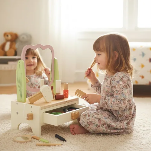 Miniatura 7 de Juego de maquillaje de madera para niños, juego de salón de belleza con espejo giratorio y espejo pequeño desmontable, juguetes de mesa de tocador