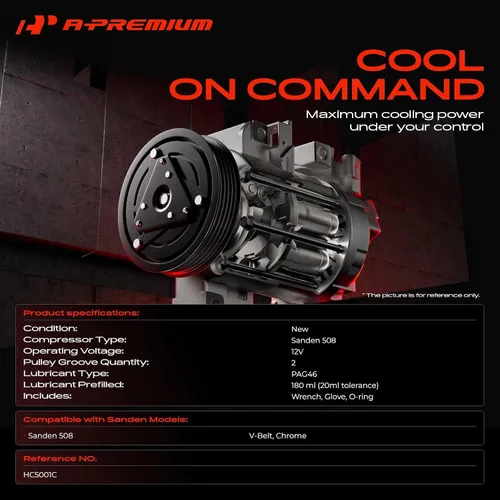 Miniatura 3 de A-Premium Apto para Sanden 508 2PK Style, compresor universal de A/C con embrague, correa en V de 2 ranuras, cromada