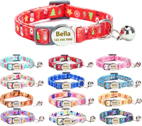 Miniatura 18 de Collar de gato con nombre de identificación, placa de número de teléfono, patrón floral grabado personalizado, collar de gatito con campana, azul a
