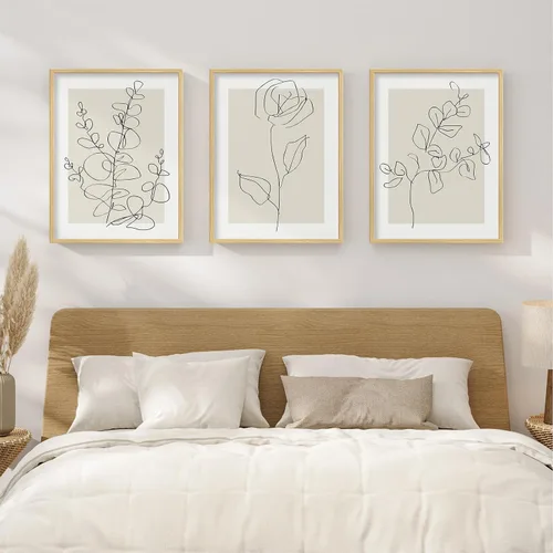 Arte floral enmarcado para dormitorio, 3 piezas de arte de línea botánica neutra para paredes, impresiones minimalistas de hojas de flores, pintura