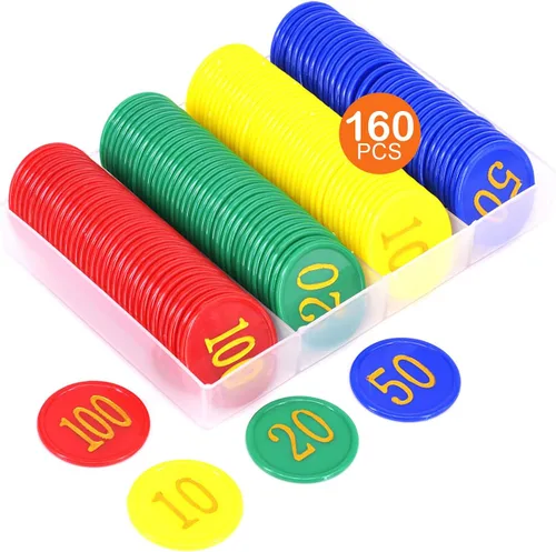 Miniatura 3 de 160 fichas de póquer de tamaño típico de plástico con impresión de números dorados para jugar noches de juego en casa, aprendizaje de matemáticas
