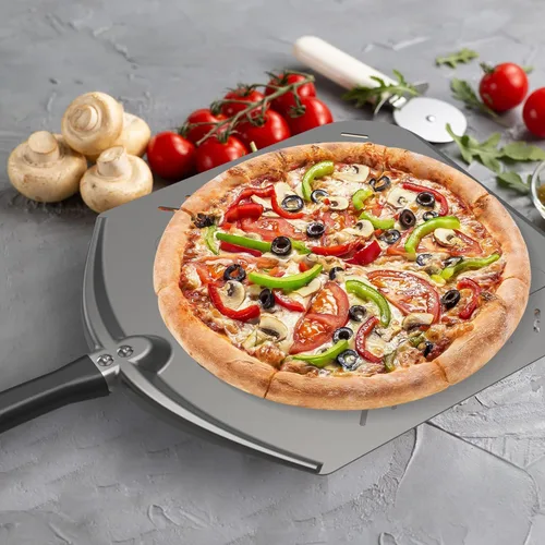 Miniatura 5 de Pala de pizza de aluminio, paleta de torneado de pizza de metal perforado de 12 pulgadas para horno de parrilla, herramienta de cocina, espátula