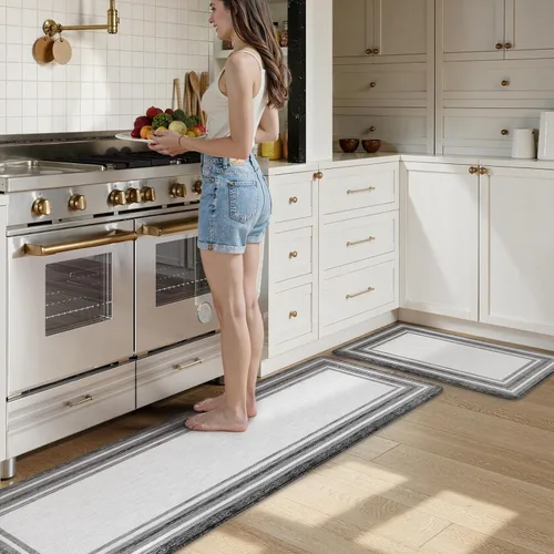 Miniatura 85 de KIMODE - Juego de 2 tapetes de cocina bohemios, antifatiga, antideslizantes, impermeables, ergonómicos, acolchados, cómodos, para lavandería, Caqui
