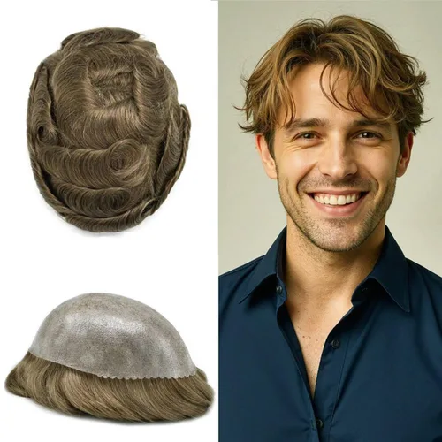 Miniatura 18 de Toupee - Sistema de reemplazo de cabello humano real de 0.004 in para hombres, con inyección, poliuretano duradero, piel fina, línea capilar