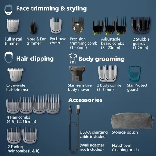 Miniatura 2 de Philips Multigroom Series 9000 Recortadora 24 en 1 para Barba, Cabello y Cuerpo Kit de Aseo Peine de Recorte de Precisión, Cuchillas de Acero