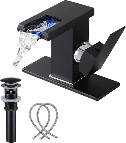 Miniatura 9 de Grifo para Lavabo Tipo Recipiente Cascada Dorado Negro de Un Solo Orificio con Desagüe Pop-Up Sin Rebosadero y Líneas de Suministro Grifos de Baño