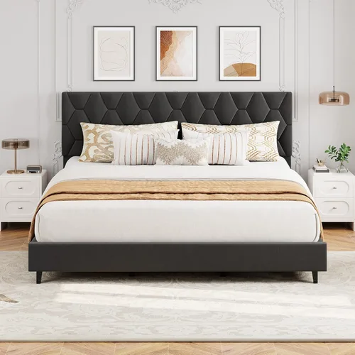 Miniatura 16 de GAOMON Base de cama individual XL beige con cabecera tapizada, base de cama de plataforma resistente con listones de madera fuertes, no necesita