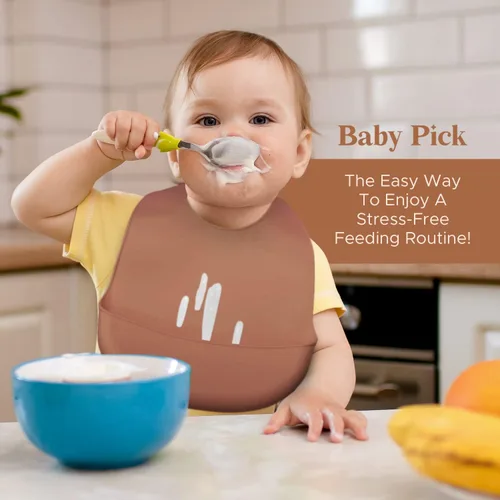 Miniatura 5 de Baberos de silicona para bebés, babero impermeable sin BPA con bolsillo, apto para lavavajillas con recogedor de alimentos