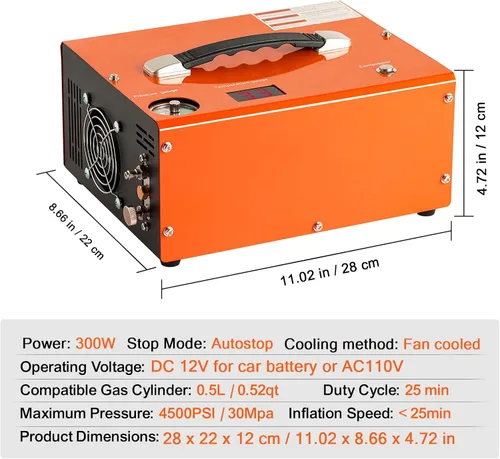Miniatura 5 de Compresor de aire PCP 4500Psi/30Mpa, bomba de llenado rápido sin aceite de 300 W con apagado automático, doble potencia 12 V CC y 110 V CA