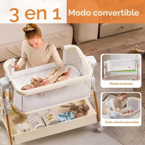 Miniatura 3 de Moisés de bebé 3 en 1, moisés de cabecera/mecedora para bebé, cuna de cabecera con ruedas bloqueables, colchón impermeable, 6 alturas ajustables