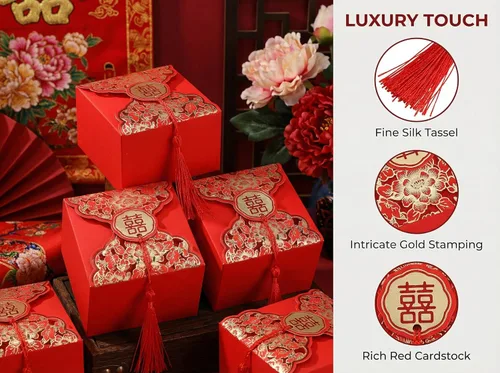 Miniatura 4 de Abaodam Cajas de dulces de boda chinas, 80 cajas de regalo chinas con borla para invitados, bolsa creativa de decoración de mesa para compromiso