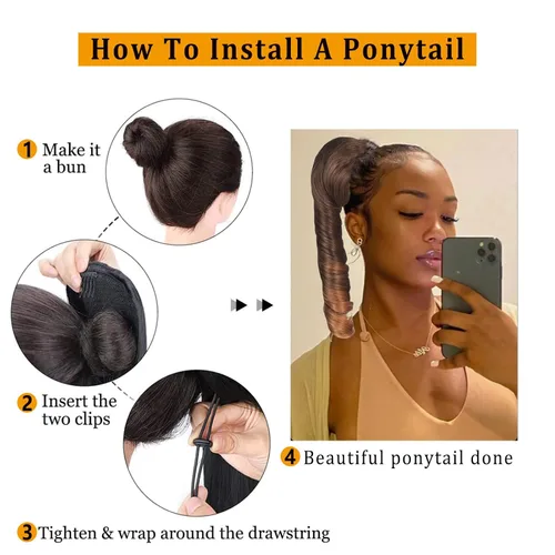 Miniatura 2 de Oseti Extensiones de cabello corto y rizado en espiral, cola de caballo con cordón para mujeres negras, 14 pulgadas, ombré, marrón y rubio, #T4/30