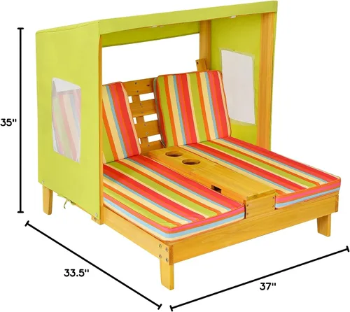 Miniatura 3 de COSTWAY Tumbona doble para niños al aire libre, silla de patio de 2 asientos con portavasos y cojines, silla de playa para niños con toldo, muebles