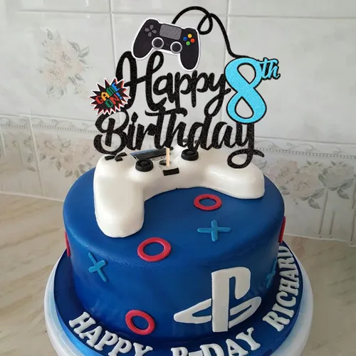 Miniatura 4 de 1 pieza de decoración para pastel de videojuegos Feliz 8vo Cumpleaños con purpurina, palillo para pastel de videojuegos Game On con controladores