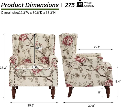 Miniatura 2 de Silla decorativa floral con respaldo alto, sillón tapizado con patas de madera maciza, cómodo sofá individual de lectura con respaldo alado