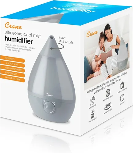 Miniatura 8 de Crane Humidificador ultrasónico de niebla fría en forma de lágrima, tanque grande de 1 galón, apagado automático, humidificadores de bebé para Gris