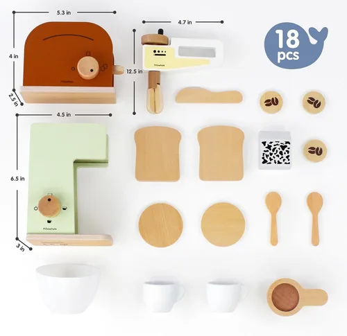Miniatura 2 de Pillowhale Paquete de juego de café de madera 3 en 1 – Juego de simulación de cafetera, batidora manual y tostador emergente con accesorios