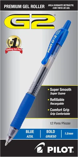 Pilot G2 Bolígrafos de gel de alta calidad con punta rodante, punta gruesa de 1 mm, bolígrafos de tinta azul de punta gruesa, paquete de 12 - Ideal