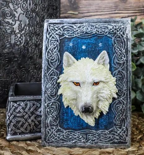 Miniatura 2 de Ebros Gift Figura decorativa rectangular de lobo alfa de noche estrellada azul celta como recuerdo, almacenamiento de joyas, decoración de lobos