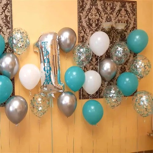 Miniatura 5 de Globos de látex de confeti azul turquesa, azul claro, menta, verde, plateado y blanco, juego de globos de látex de confeti, azul aguamarina, blanco
