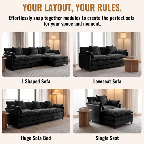 Miniatura 8 de Juego de sofá modular de 107 pulgadas con otomana, sofá convertible en forma de L, sofá de asiento profundo de felpilla de 3 plazas con almohadas