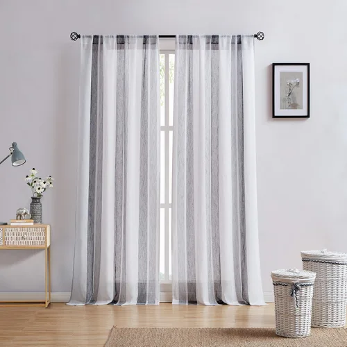 Miniatura 8 de Central Park Cortinas Transparentes de Rayas Beige y Blancas Estilo Granja de Lino Bouclé, Pares de Paneles de Cortina de Ventana Tejidos con Hilo