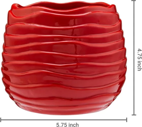 Miniatura 6 de MyGift Maceta moderna de cerámica roja de 5.5 pulgadas con orificio de drenaje y diseño ondulado decorativo, contenedor pequeño para suculentas