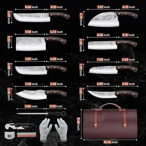 Miniatura 7 de TIJERAS Juego de 14 piezas de cuchillos de carnicero para cortar carne, cuchillos de chef japoneses premium con bolsa, juego de cuchillos de cocina