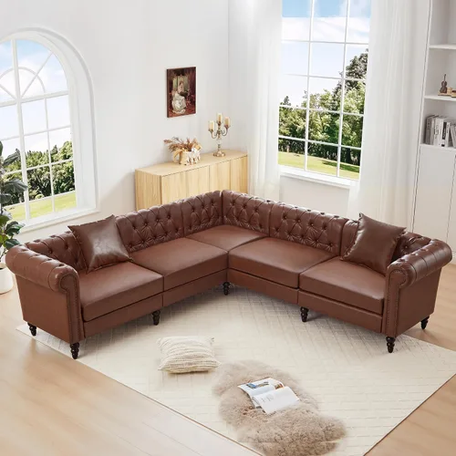 Miniatura 13 de LEVNARY Sofá seccional Chesterfield en forma de L de 108 pulgadas con otomana móvil, sofá de 4 asientos con brazos curvos, tapizado en piel