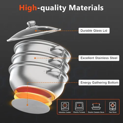 Miniatura 6 de Vaporizador de acero inoxidable de 3 niveles, olla de sopa de vapor herramienta de cocina con tapa de vidrio para uso en estufas de inducción
