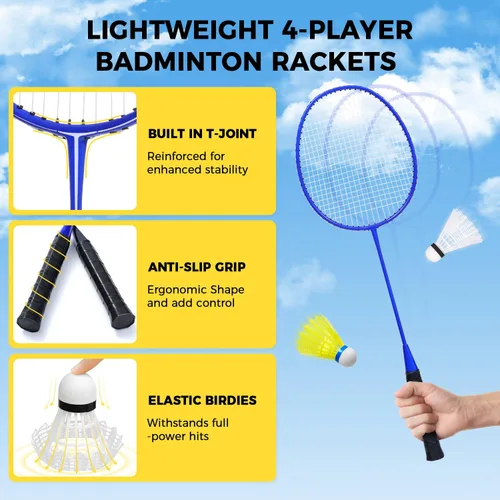Miniatura 5 de BAGAIL Juego de red de bádminton para exteriores con sistema de cabrestante anti-hundimiento, tamaño oficial de 20 pies x 5 pies, 4 raquetas, 3