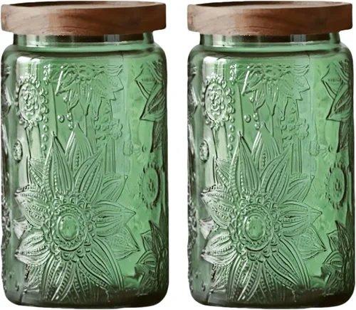 Miniatura 13 de Tarro de almacenamiento de vidrio vintage con tapa de madera maciza, recipiente de cocina con diseño de girasol para café, dulces, detergente