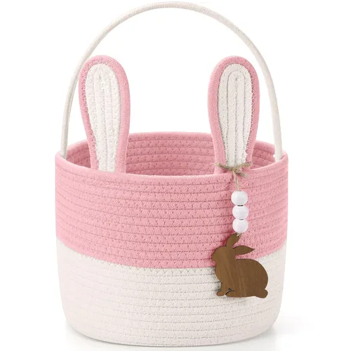 Miniatura 16 de SiliFine Cesta de Pascua para niños, cesta de conejo de Pascua con etiqueta de nombre, oreja de conejo desmontable, regalo tejido rústico para niñas