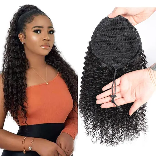 Miniatura 18 de Extensión de Cola de Caballo de Cabello Humano Kinky Recto con Pasta Mágica Envolvente de 30,48 cm, Cabello Natural Negro Brasileño, Extensiones