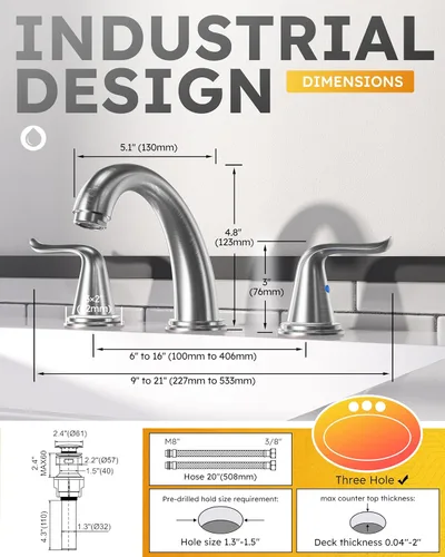 Miniatura 7 de WOWOW Grifo de baño de latón sólido de 2 asas con 3 agujeros, grifo de lavabo de acero inoxidable para tocador, grifo de lavabo de baño de níquel