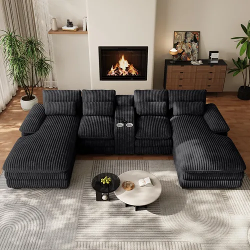Miniatura 7 de Sofá seccional en forma de U de 132 pulgadas, mullido y afelpado de pana de 4 asientos, sofás seccionales color negro para sala de estar, cómodo