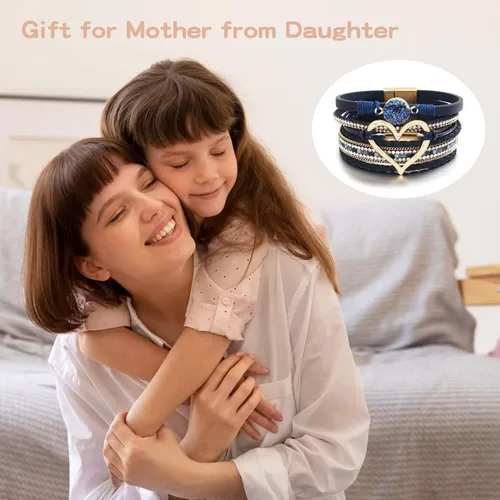 Miniatura 6 de Long tiantian Pulseras para mujer, pulseras bohemias modernas con corazón, joyería con cierre de puño, multicapa, pulseras de cuero para mujer