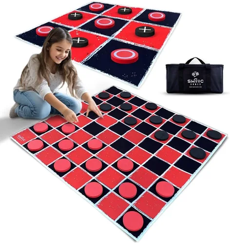 Swooc Games® - Juego Vintage Gigante de Damas y Tres en Raya 2 en 1 con Tapete (3 pies x 3 pies) - Lona 100% Lavable a Máquina - Juegos Gigantes al