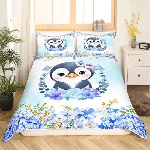Miniatura 2 de Manfei Juego de funda de edredón de pingüino de dibujos animados para niños, tamaño King, bonito juego de ropa de cama de animales de poste ártico