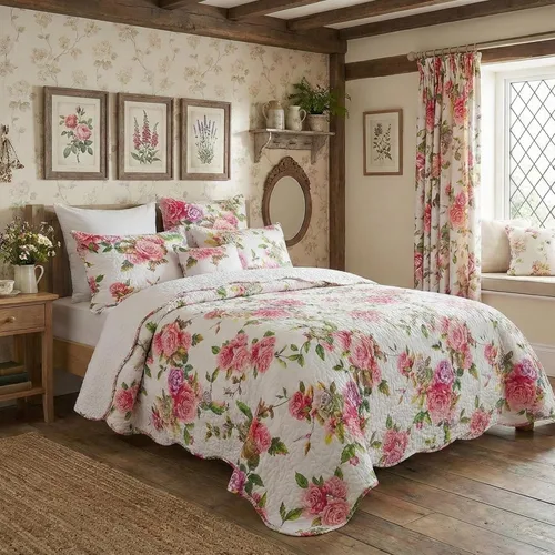 Miniatura 3 de DaDa Bedding Juego de colcha floral de rosas románticas, encantador color rosa y blanco festoneado, colorido, ligero, transpirable, colcha acolchada