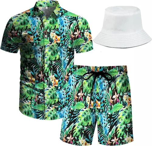 Miniatura 48 de RPOVIG Conjunto de playa a juego con camisas y pantalones cortos para hombre, ropa floral hawaiana para festival, conjuntos de 2 piezas con sombrero