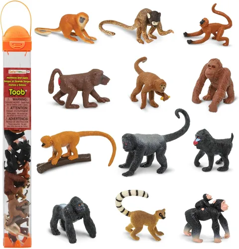 Safari Ltd. TOOB - 12 figuras: Babuino, orangután, tamarín, lémur, gorila, mandril, chimpancé, ardilla, araña y monos lanudos, figuras de juguete