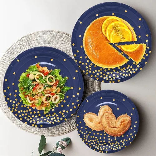 Miniatura 2 de 175 platos y servilletas azules para fiestas, decoraciones de fiesta azules y doradas para 25 invitados, platos de papel azul rey para decoraciones