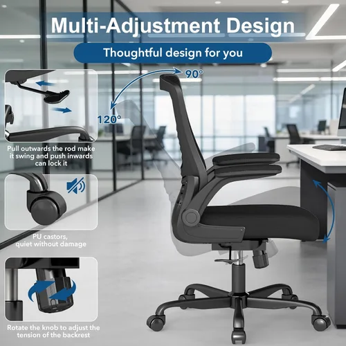Miniatura 5 de Silla de oficina ergonómica, silla de escritorio de malla con altura ajustable y reposabrazos abatibles, cómoda silla de computadora para largas