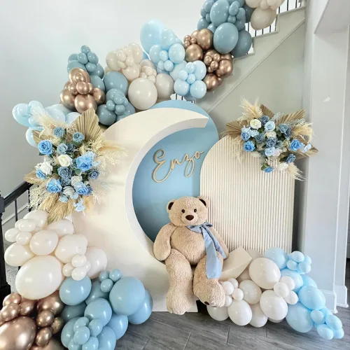Miniatura 5 de Kit de Arco de Guirnalda de Globos Baby in Bloom, 150 Piezas de Globos de Látex Azul Bebé Polvoriento Blanco Arena Champán Dorado para Baby Shower