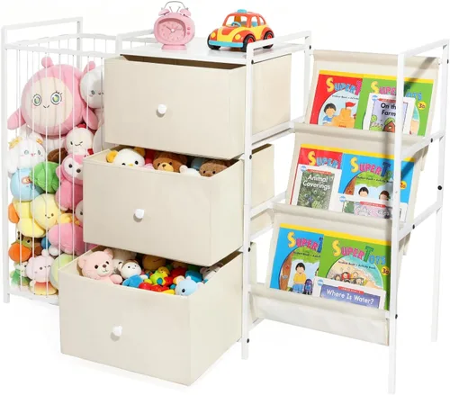Bookshelf and Toy Storage Organizer, 3-Tier Sling Book Rack with Stuffed Animal Storage and Toy Bins, Space Saving Bookcase for Bedroom, Playroom,