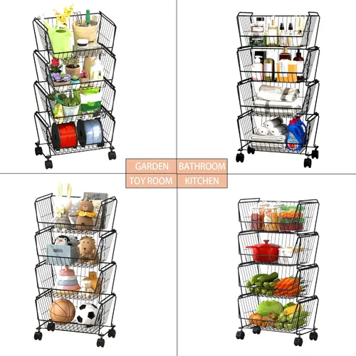 Miniatura 6 de PUSDON Cestas de almacenamiento de metal apilables de 4 niveles, estante antióxido para frutas y verduras, estante de doble uso para cocina, hogar