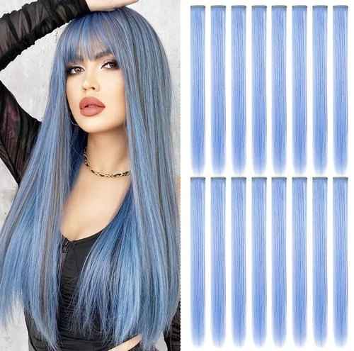Miniatura 2 de 16 extensiones de cabello de colores con clip para fiestas, 21 pulgadas, lacio, sintético, extensiones de cabello azul claro para niñas y mujeres