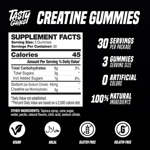 Miniatura 5 de TASTY GAINS Gomitas de Creatina - 90g de Monohidrato de Creatina - Suplementos para Entrenamiento - Construye Músculo y Aumenta la Fuerza