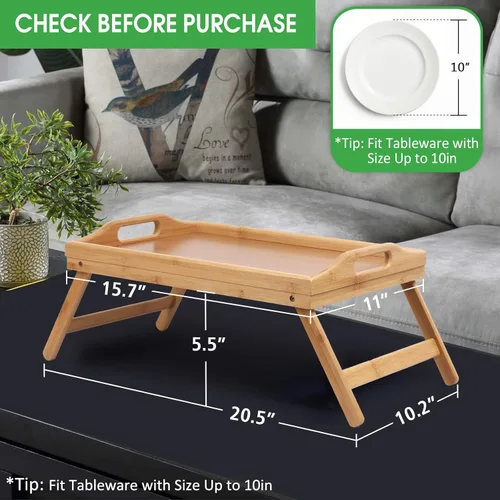 Miniatura 3 de Artmeer Mesa Bandeja de Cama con Patas Plegables, Bandeja de Desayuno de Bambú con Asas Ideal para Sofá, Cama, Comer, Trabajar, Usada Como
